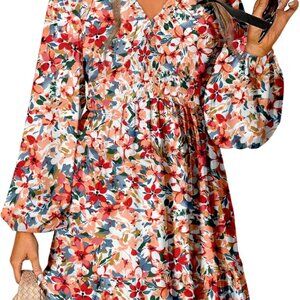 Custom Fit A-Line Mini Dress for Women - 2025 Floral V Neck Long Sleeve Sundress